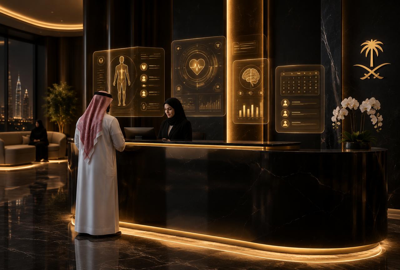 استقبال عيادة طبية بلوحات بيانات ذكية لأتمتة المواعيد والملفات الطبية