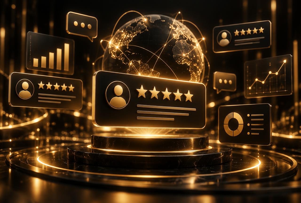 تصور ذهبي لتقييمات ومراجعات العملاء ولوحات تحليل السمعة الرقمية